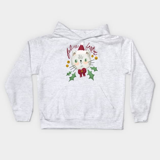 Feline Festive - Christmas cat illustration with bells and holly Kids Hoodie by KodiakMilly